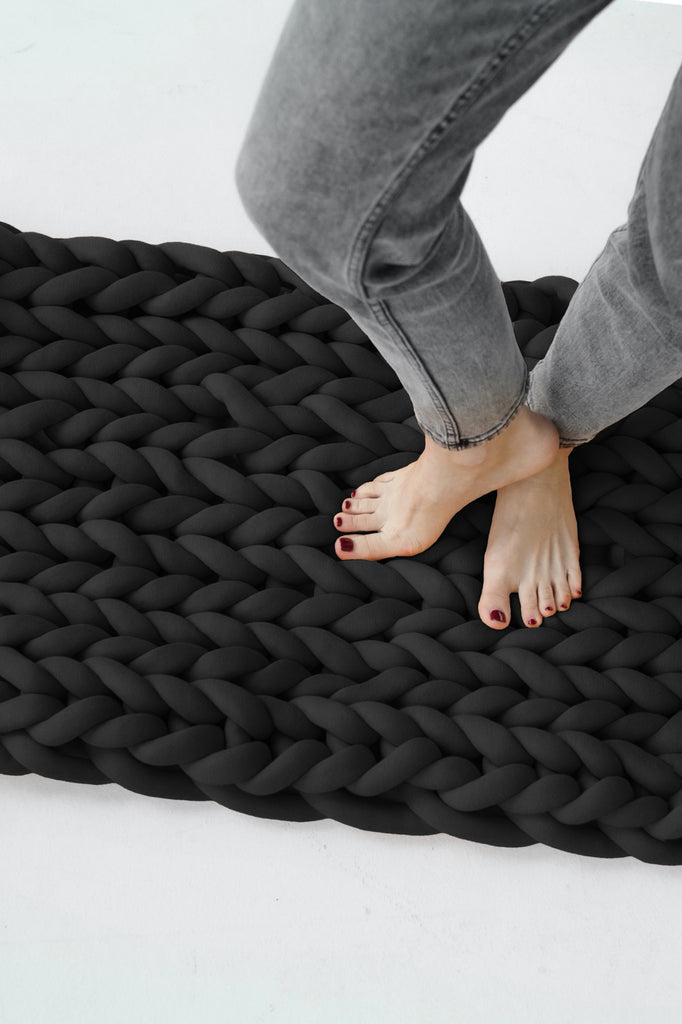 Chunky Knit Rug Braided Rug Knitted Rug Tube Yarn Rug Black 327