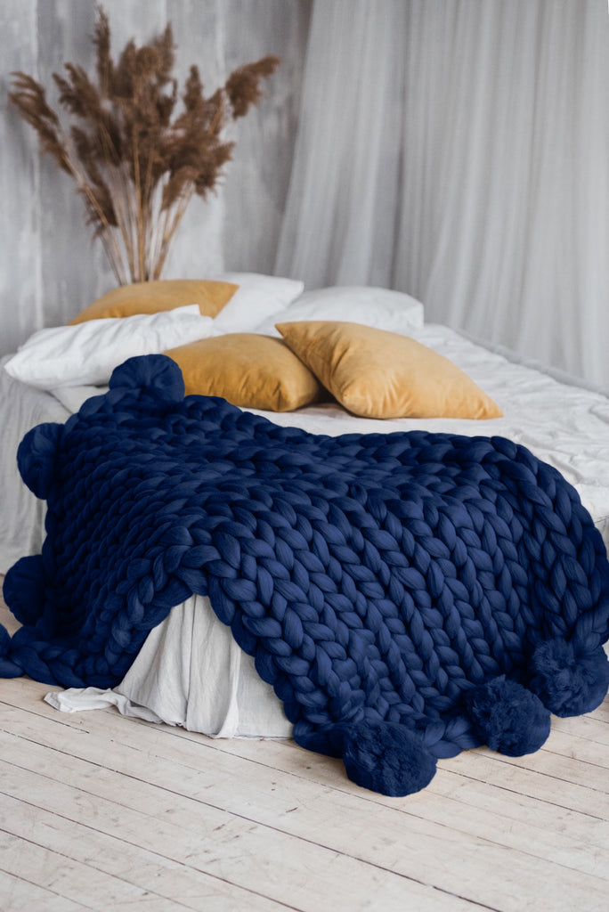 Navy pom 2025 pom throw blanket